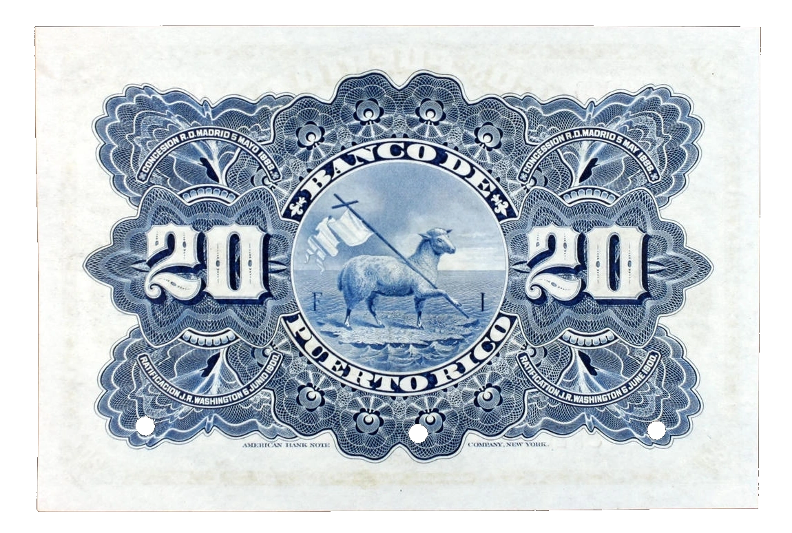 20 Pesos / Twenty Dollars - Banco de Puerto Rico Reverse View