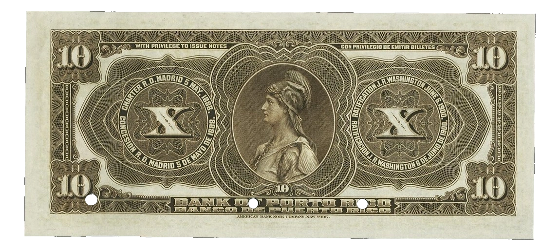 10 Dollars / Diez Dólares - Bank of Porto Rico Reverse View
