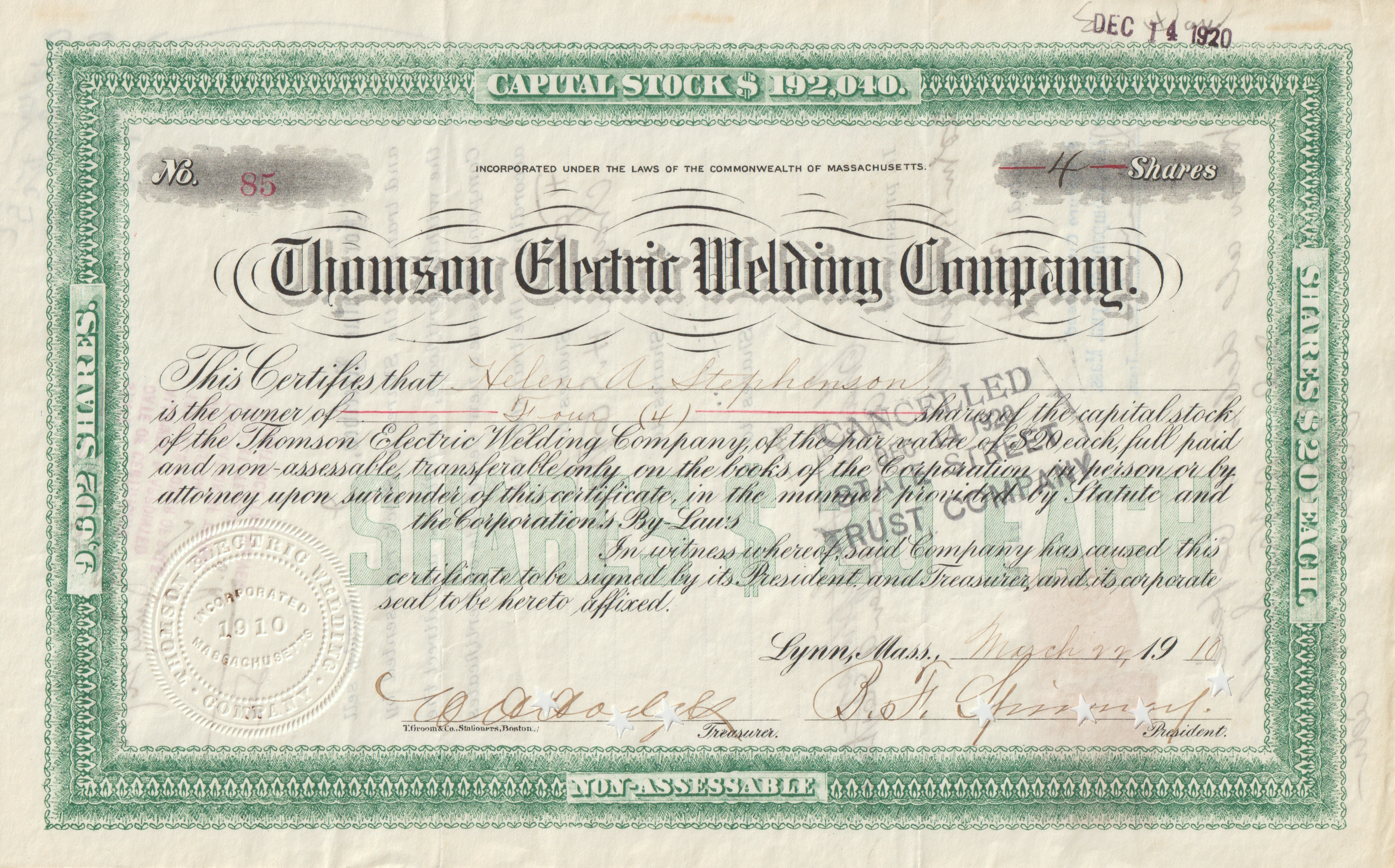 Thomson Electric Welding Company Front View